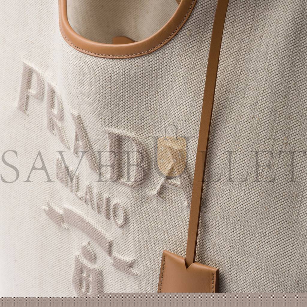 Pra*a large linen blend and leather tote bag 1bg472  (37*30*13cm)